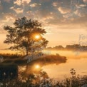 Serene Sunrise Over Tranquil Lake with Silhouetted Tree and Reflections