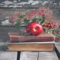 Fresh Apple on Vintage Books with Rustic Floral Accents