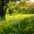 Serene Sunlit Meadow: Lush Green Grass and Blooming Wildflowers