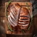 Deliciously Sliced Roast Meat with Fresh Herbs on Rustic Wooden Board