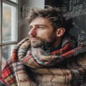 Cozy Winter Vibes: Thoughtful Man Wrapped in Warm Blanket by Window