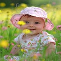 Joyful Baby in Blooming Flower Field - Springtime Happiness and Innocence