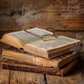 Vintage Books and Reading Glasses on Rustic Wooden Background