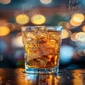 Refreshing Sparkling Beverage with Ice in a Stylish Glass Against a Bokeh Background