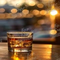 Elegant Whiskey Glass with Ice Against a Sunset Background