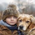 Heartwarming Bond: Child and Golden Retriever in Cozy Winter Setting