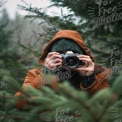 Abenteuerlicher Fotograf, der die Natur in einem üppigen Wald einfängt.