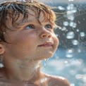 Fröhliches Kind im Wasserspritzer: Unschuld und Wunder festhalten