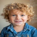 Joyful Child Portrait with Curly Hair and Bright Blue Eyes