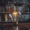 Creative Inspiration: Illuminated Light Bulb on Wooden Table with Bookshelf Background