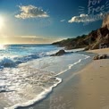 Serene Coastal Sunset: Tranquil Beach Waves and Golden Horizon