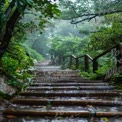 Serene Rainy Pathway Through Lush Greenery