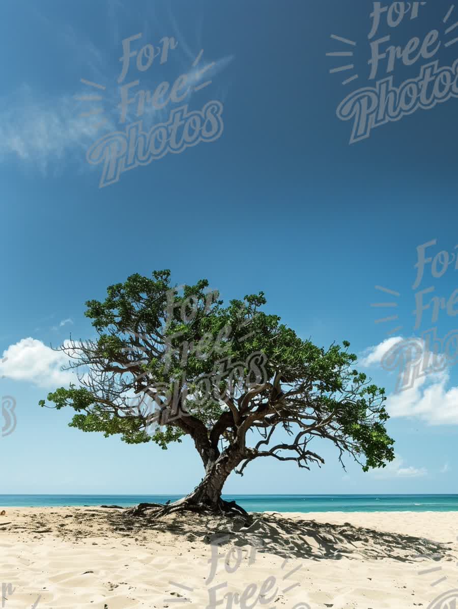 Solitary Tree on Serene Beach: Nature's Tranquility and Coastal Beauty