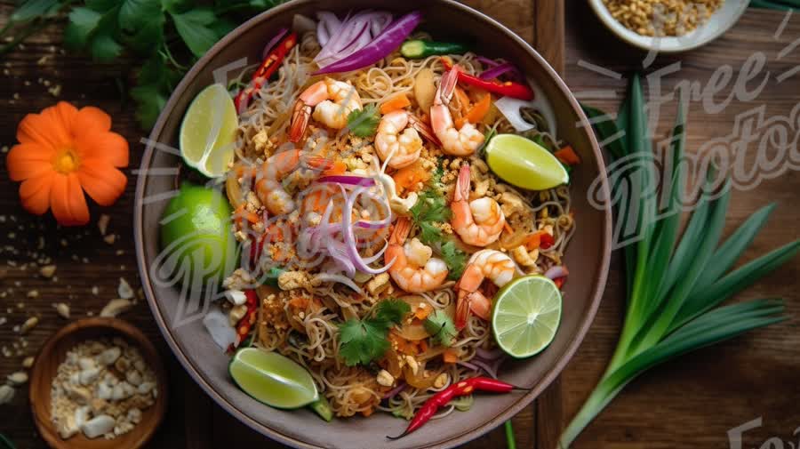 Delicious Shrimp Pad Thai with Fresh Vegetables and Lime Garnish