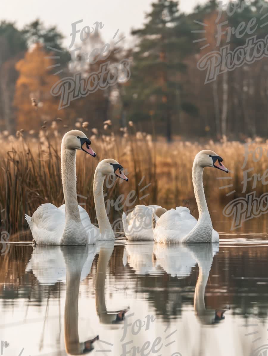 Elegant Swans on Tranquil Lake at Sunset - Nature Reflection and Serenity