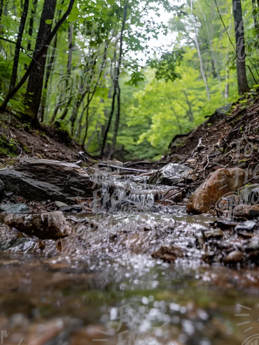 Tranquil Forest Stream: Nature's Serenity in a Lush Green Landscape