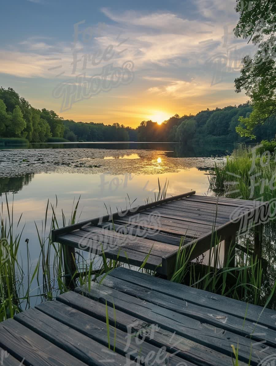 Tranquil Sunset Over Serene Lake with Wooden Dock and Lush Greenery