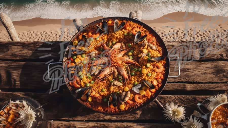 Delicious Seafood Paella with Fresh Ingredients by the Beach