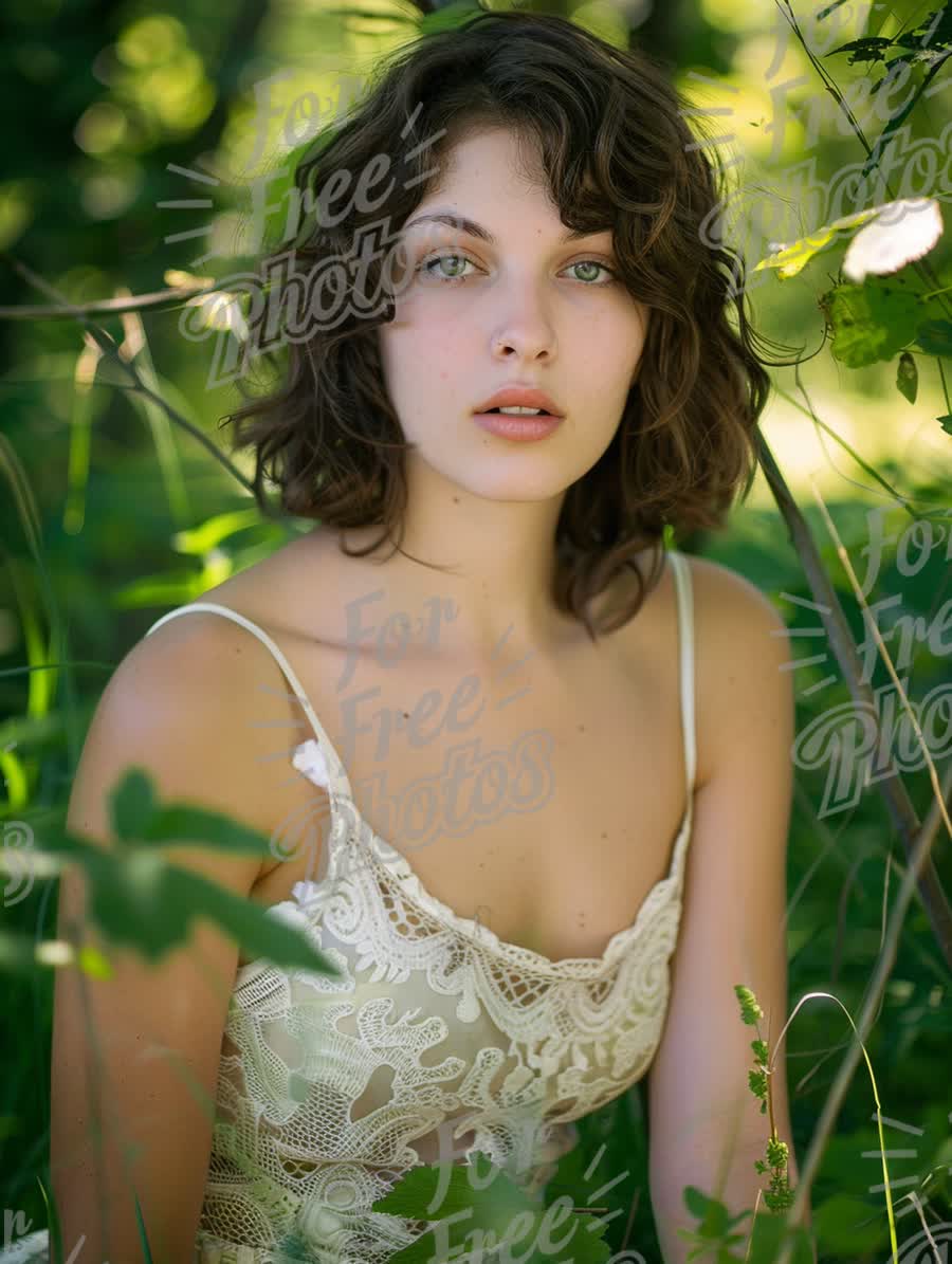 Serene Beauty in Nature: Ethereal Portrait of a Young Woman Surrounded by Lush Greenery