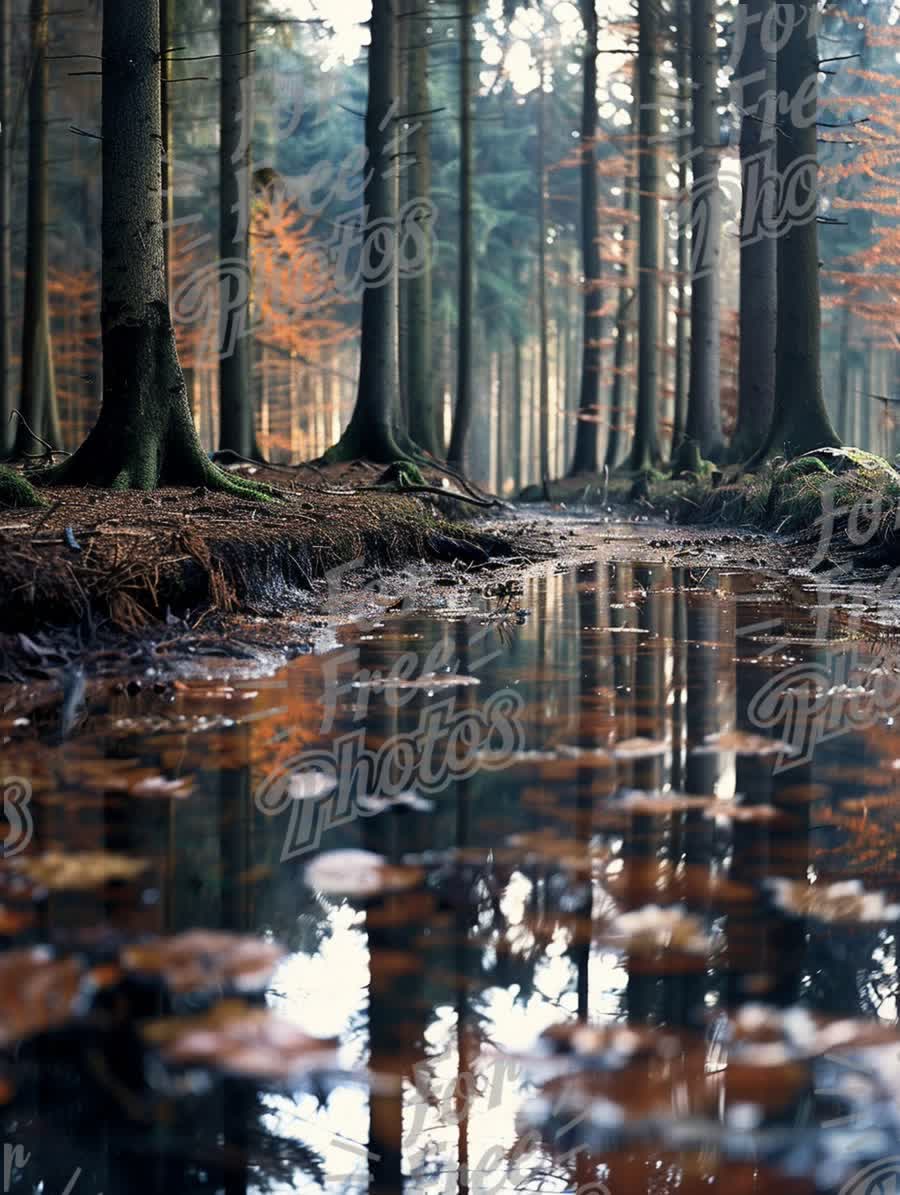 Tranquil Forest Reflection: Serene Waterway Amidst Autumn Trees