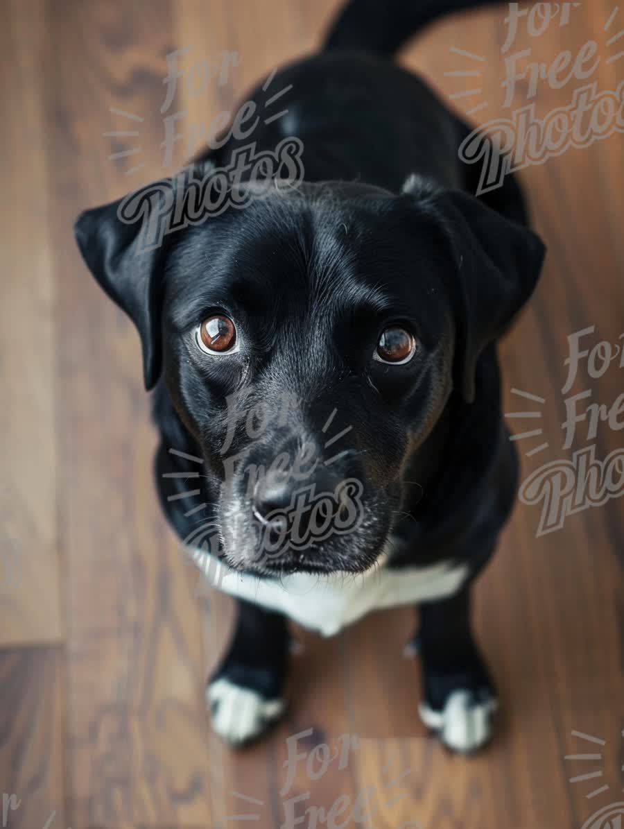 Adorable Black Dog with Expressive Eyes on Wooden Floor