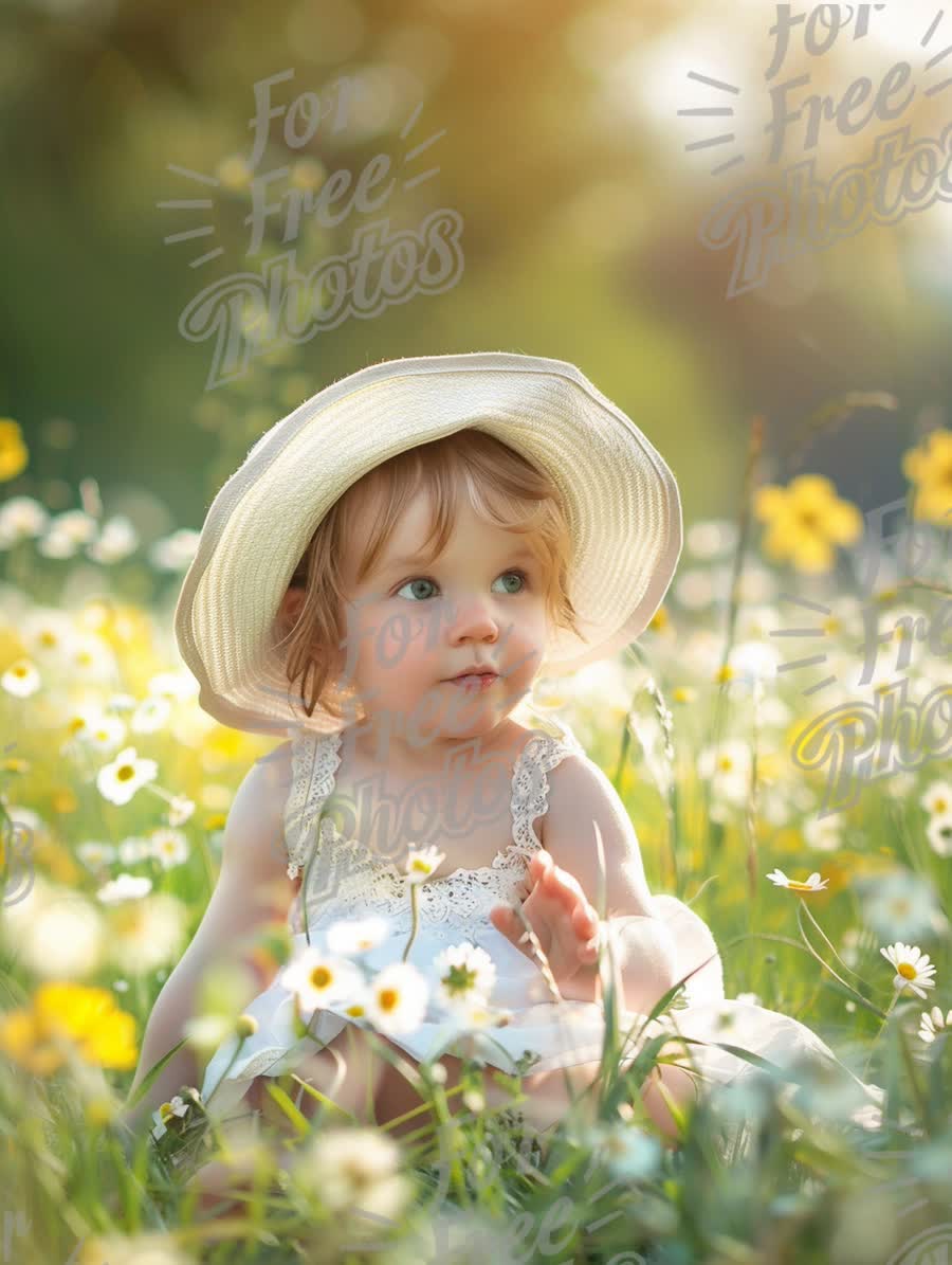 Adorable Baby in Sun Hat Surrounded by Wildflowers - Joyful Childhood Moments