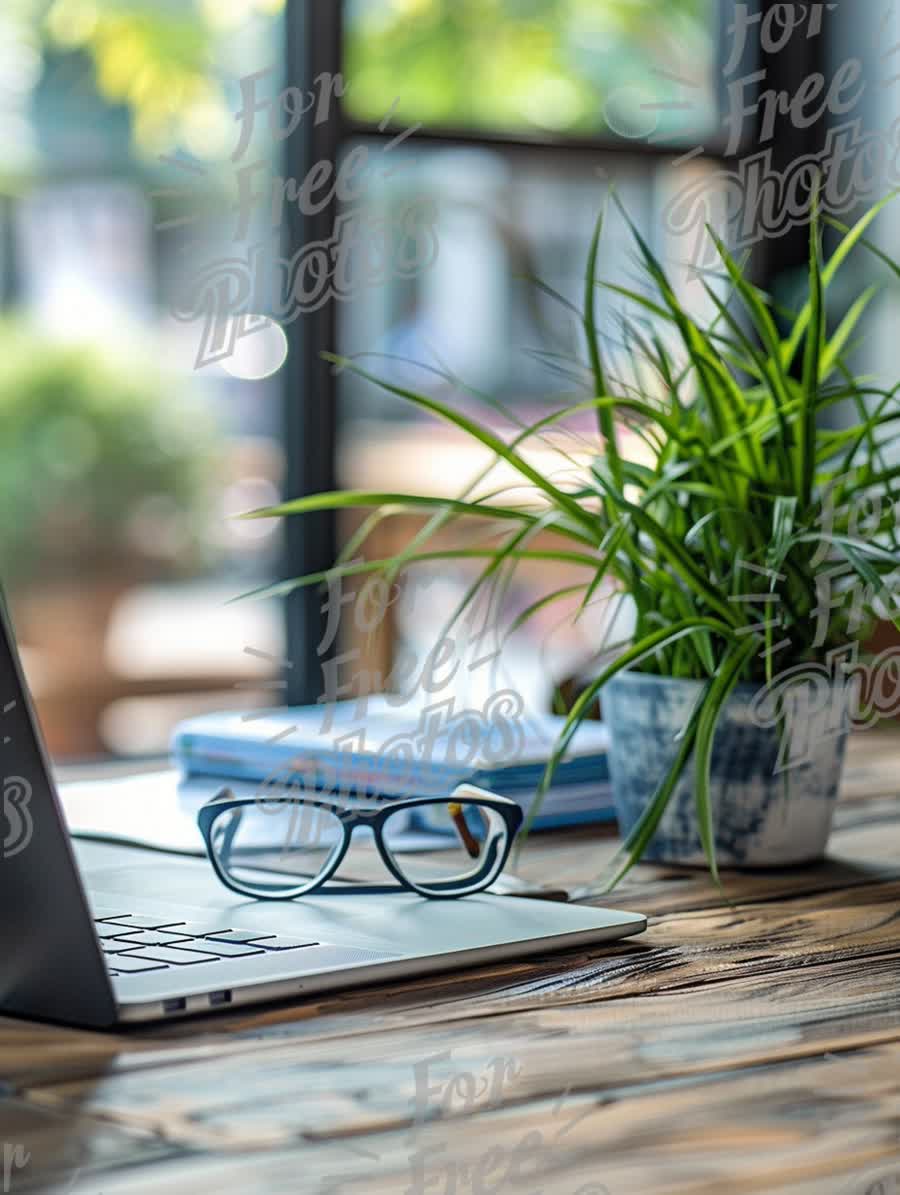 Modern Workspace with Laptop, Glasses, and Indoor Plant - Inspiring Productivity and Creativity