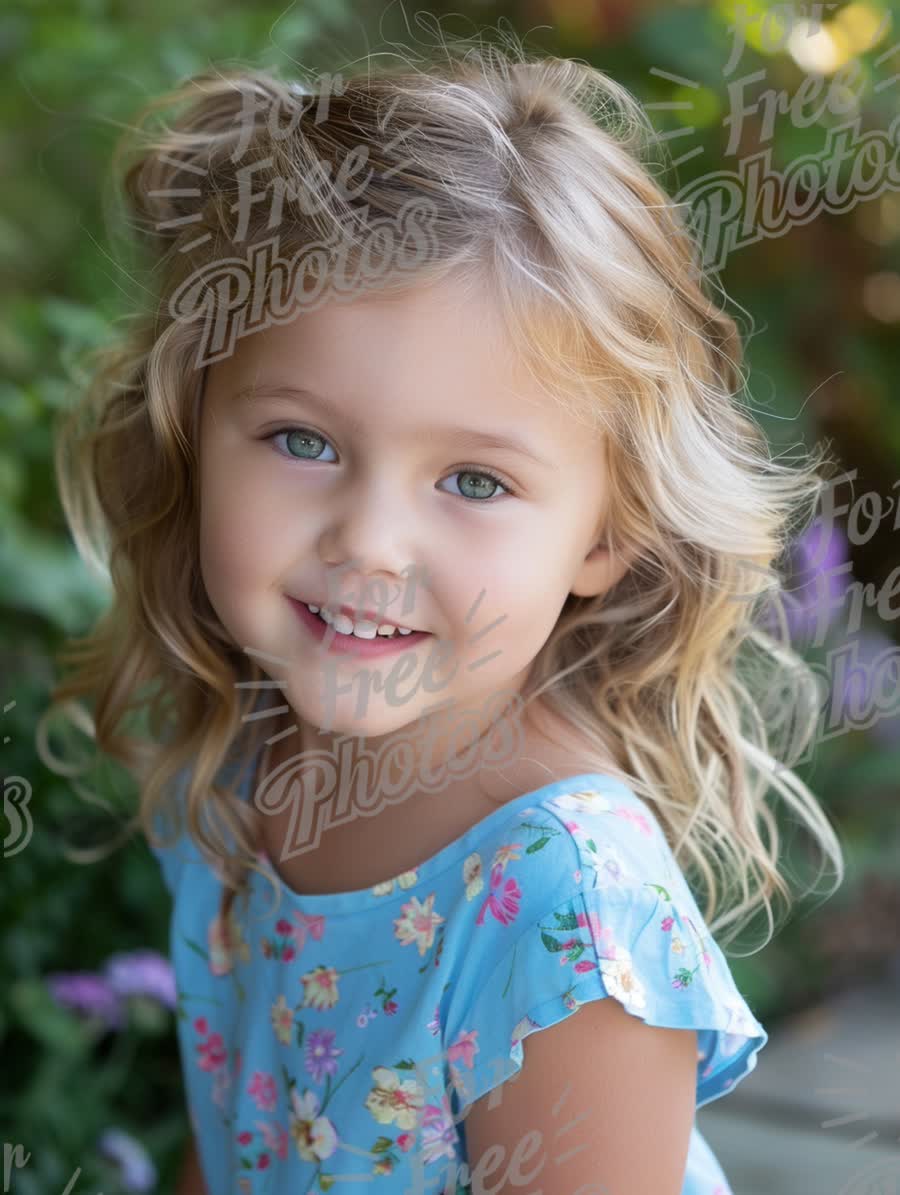 Joyful Child Portrait in Nature: Smiling Girl with Beautiful Hair and Floral Dress