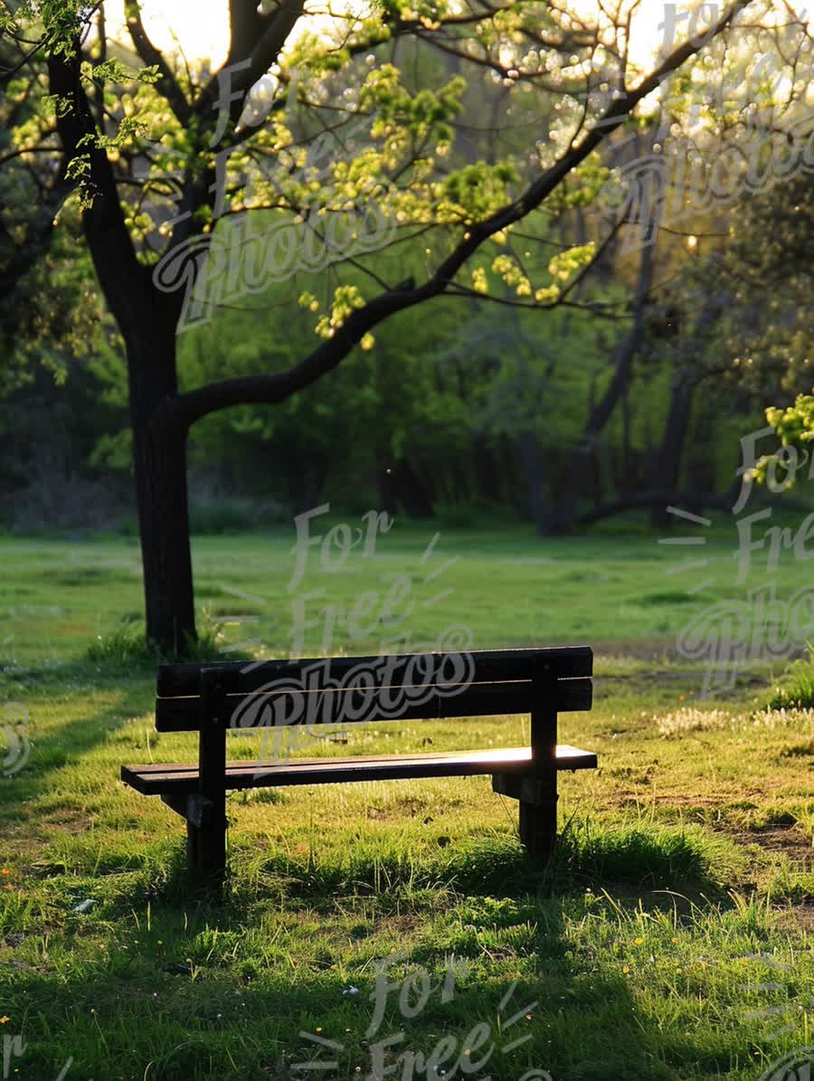 Tranquil Park Bench in Golden Hour Light - Serene Nature Scene for Relaxation and Reflection