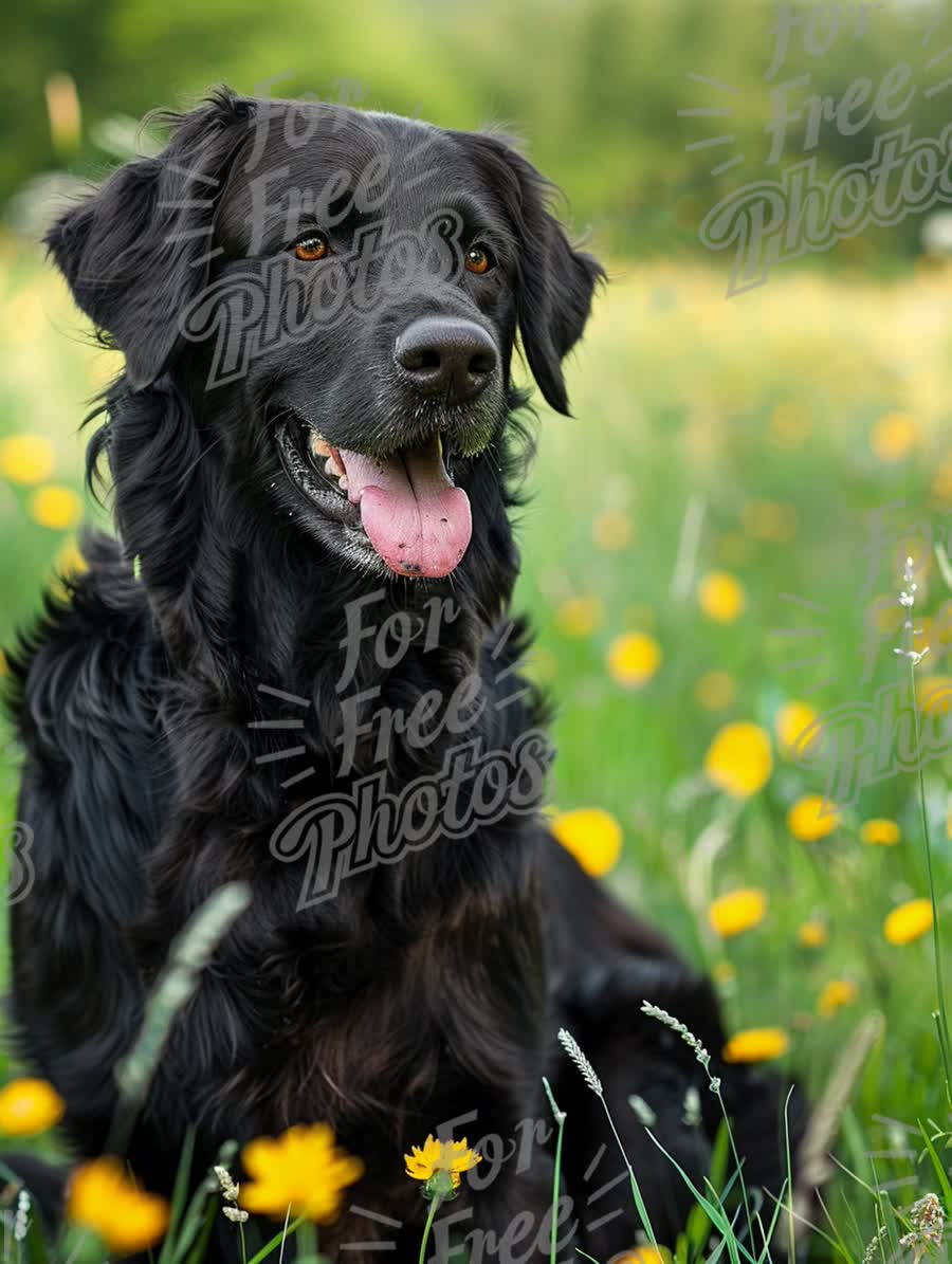 Happy Black Dog in Blooming Meadow: Joyful Pet Portrait in Nature