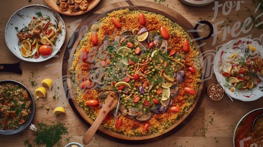 Vibrant Mediterranean Paella with Fresh Ingredients and Colorful Garnishes