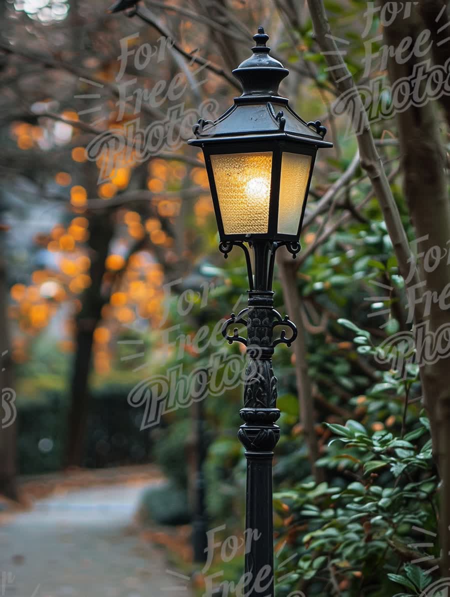 Charming Vintage Street Lamp Illuminating Autumn Pathway