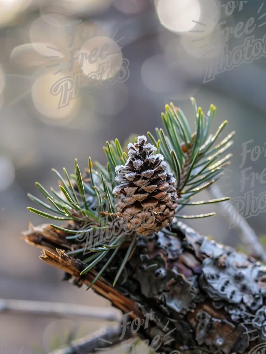 Close-Up of Pine Cone with Frost and Blurred Background in Nature