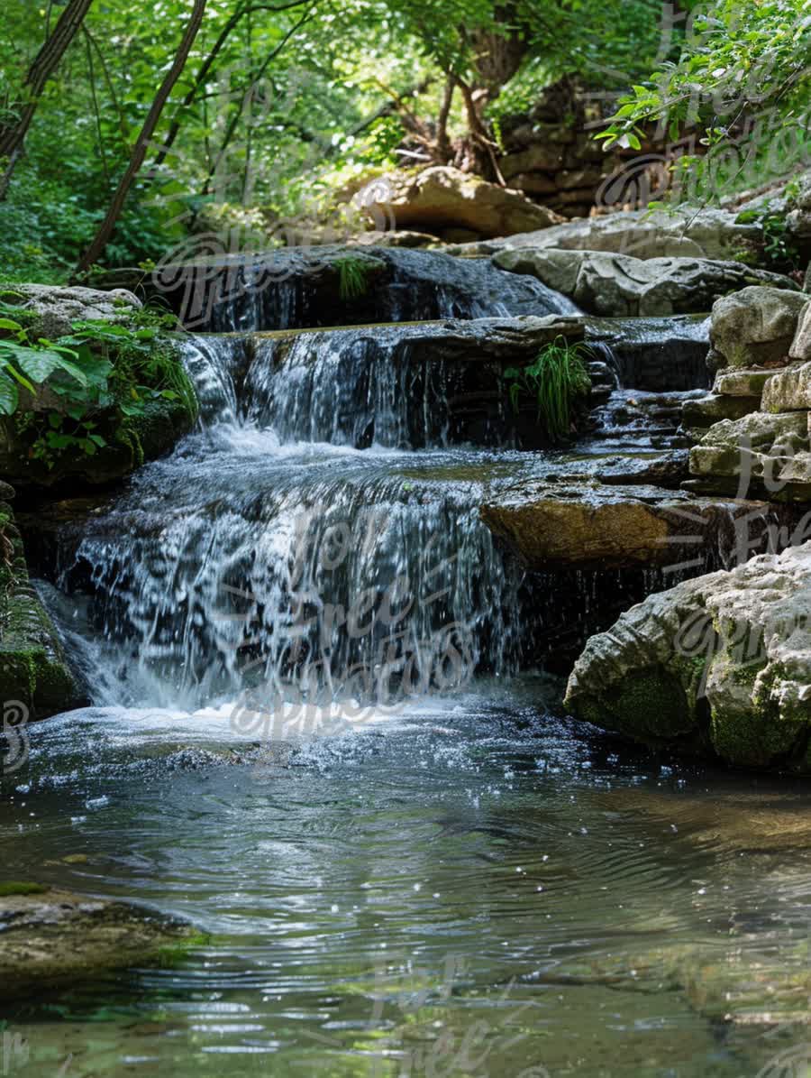 Serene Cascading Waterfall in Lush Green Forest