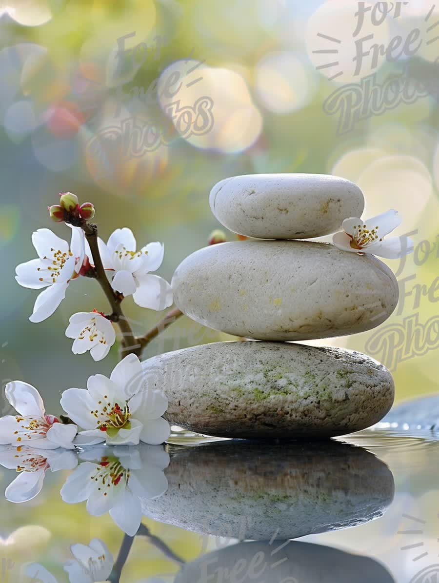 Serene Balance: Stacked Stones with Blossoms and Reflections for Wellness and Tranquility