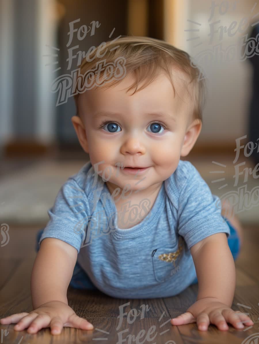 Adorable Baby Crawling on Wooden Floor with Bright Blue Eyes