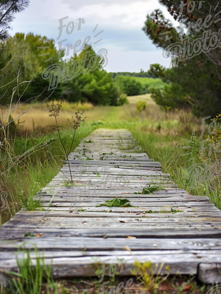 Serene Nature Pathway: Tranquil Wooden Boardwalk Through Lush Greenery