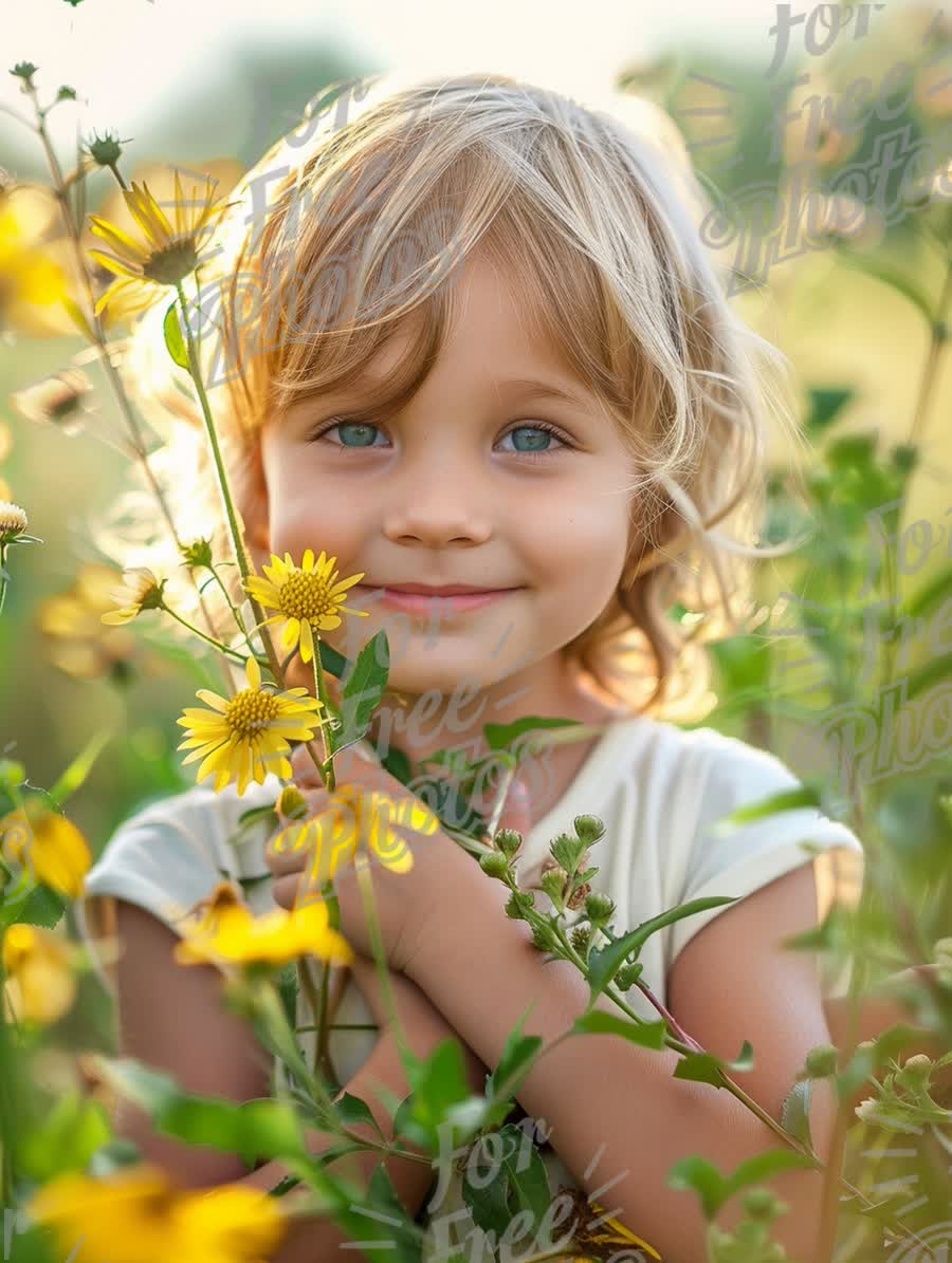 Joyful Child in a Sunlit Flower Field: Innocence and Nature