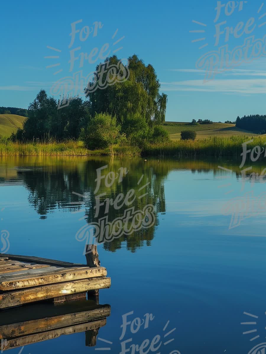 Tranquil Lake Reflection with Lush Greenery and Blue Sky