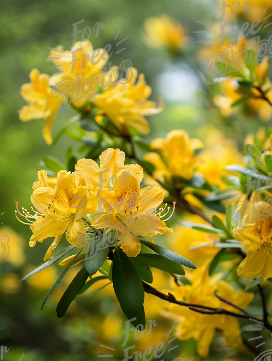 Vibrant Yellow Azalea Blooms in Lush Green Garden