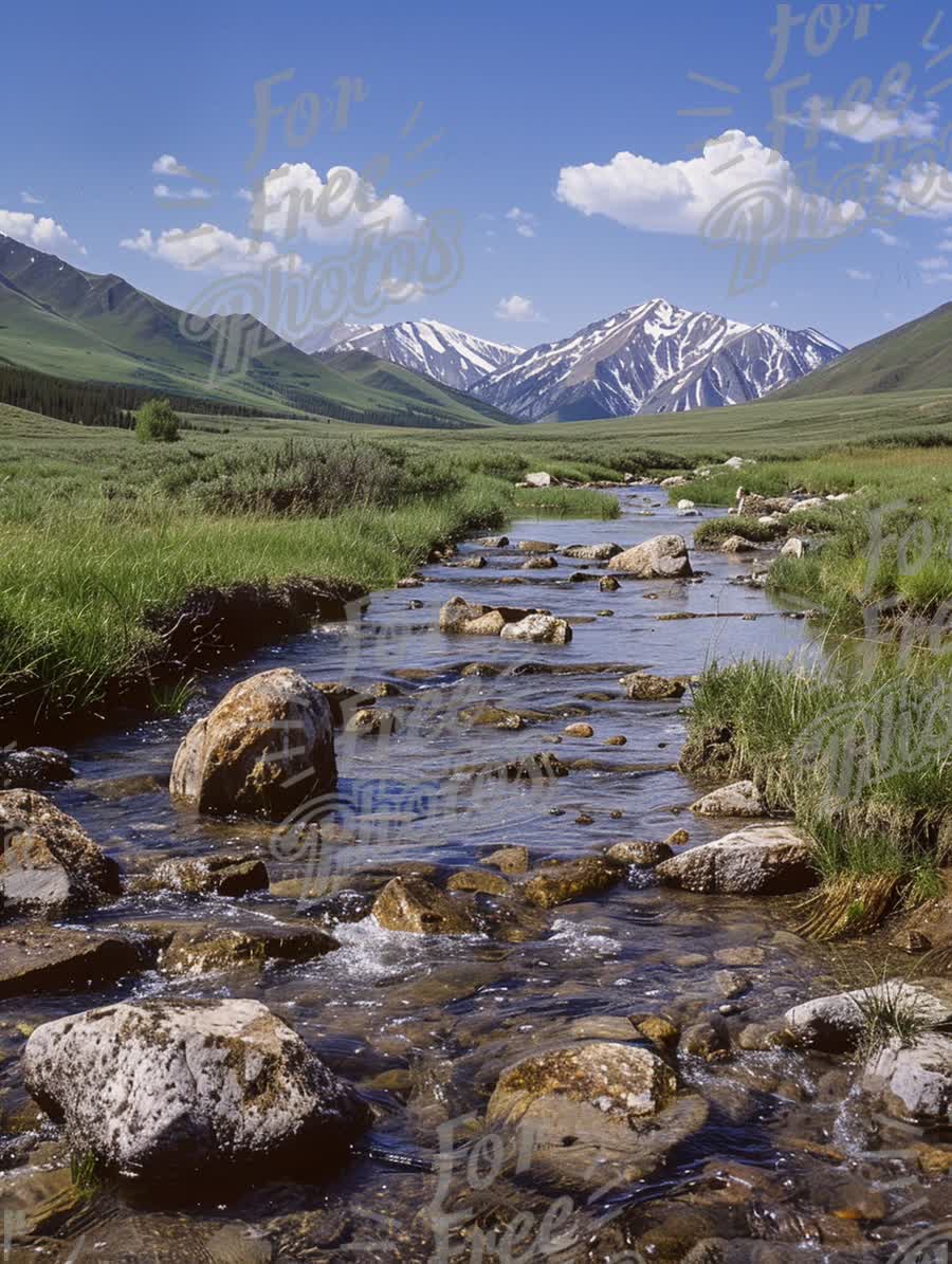 Serene Mountain Landscape with Flowing Stream and Lush Greenery