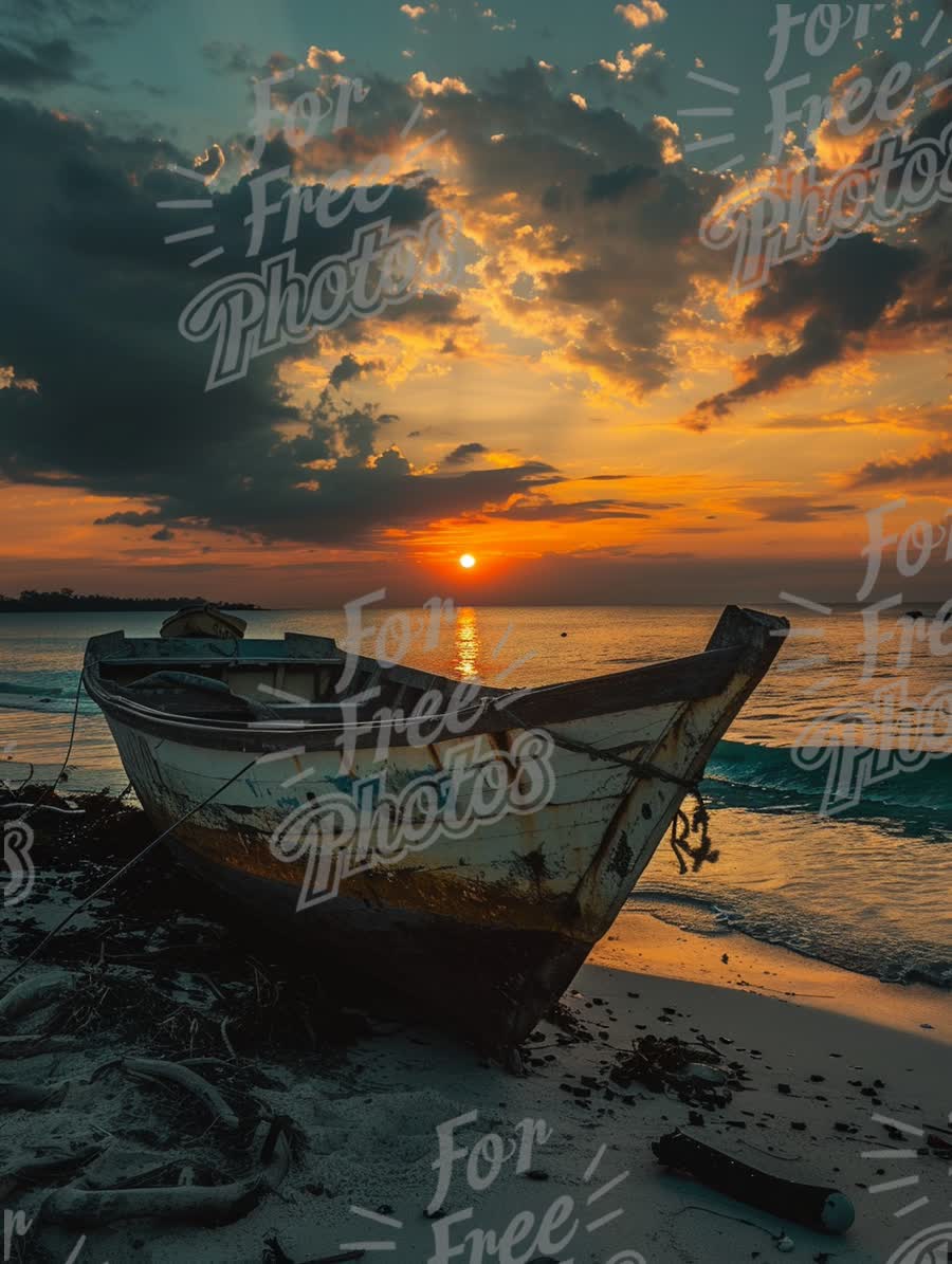 Serene Sunset Over Abandoned Boat on Tranquil Beach