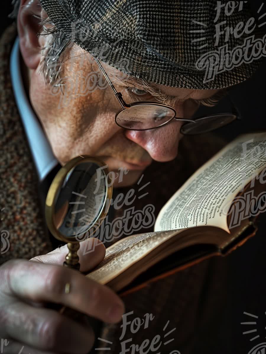 Curious Elderly Man Reading with Magnifying Glass: Vintage Literature and Exploration Theme