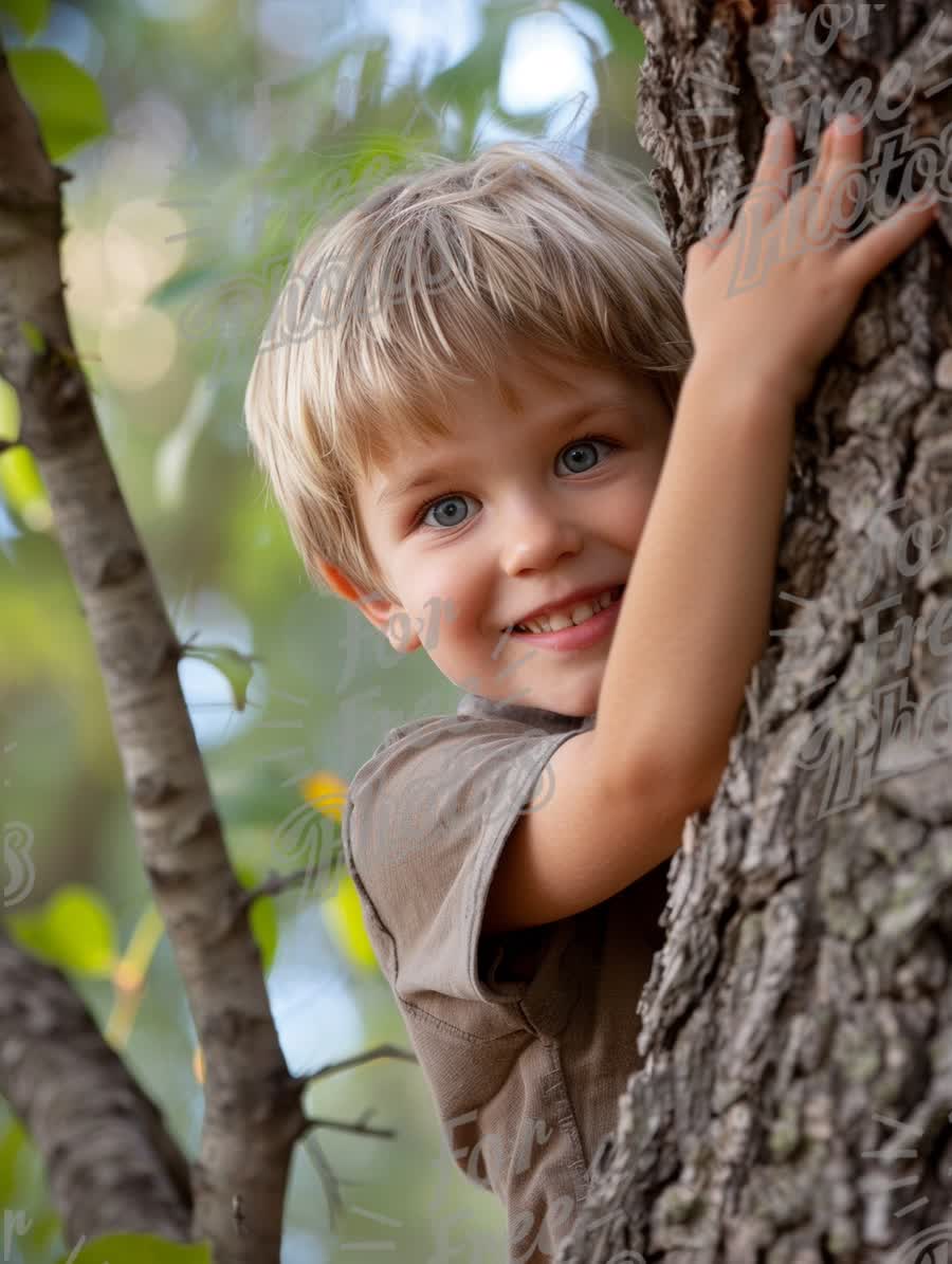 Joyful Child Climbing Tree in Nature - Outdoor Adventure and Playfulness