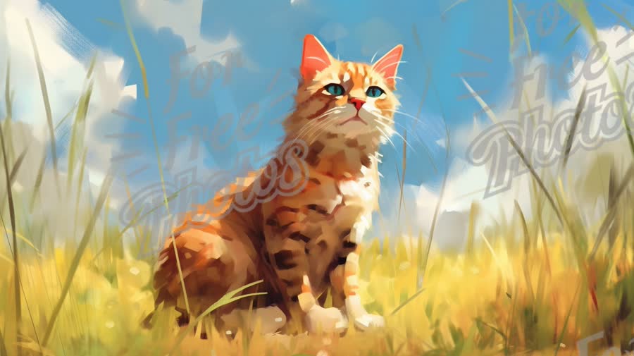 Whimsical Orange Cat in Sunlit Meadow - Vibrant Nature Scene