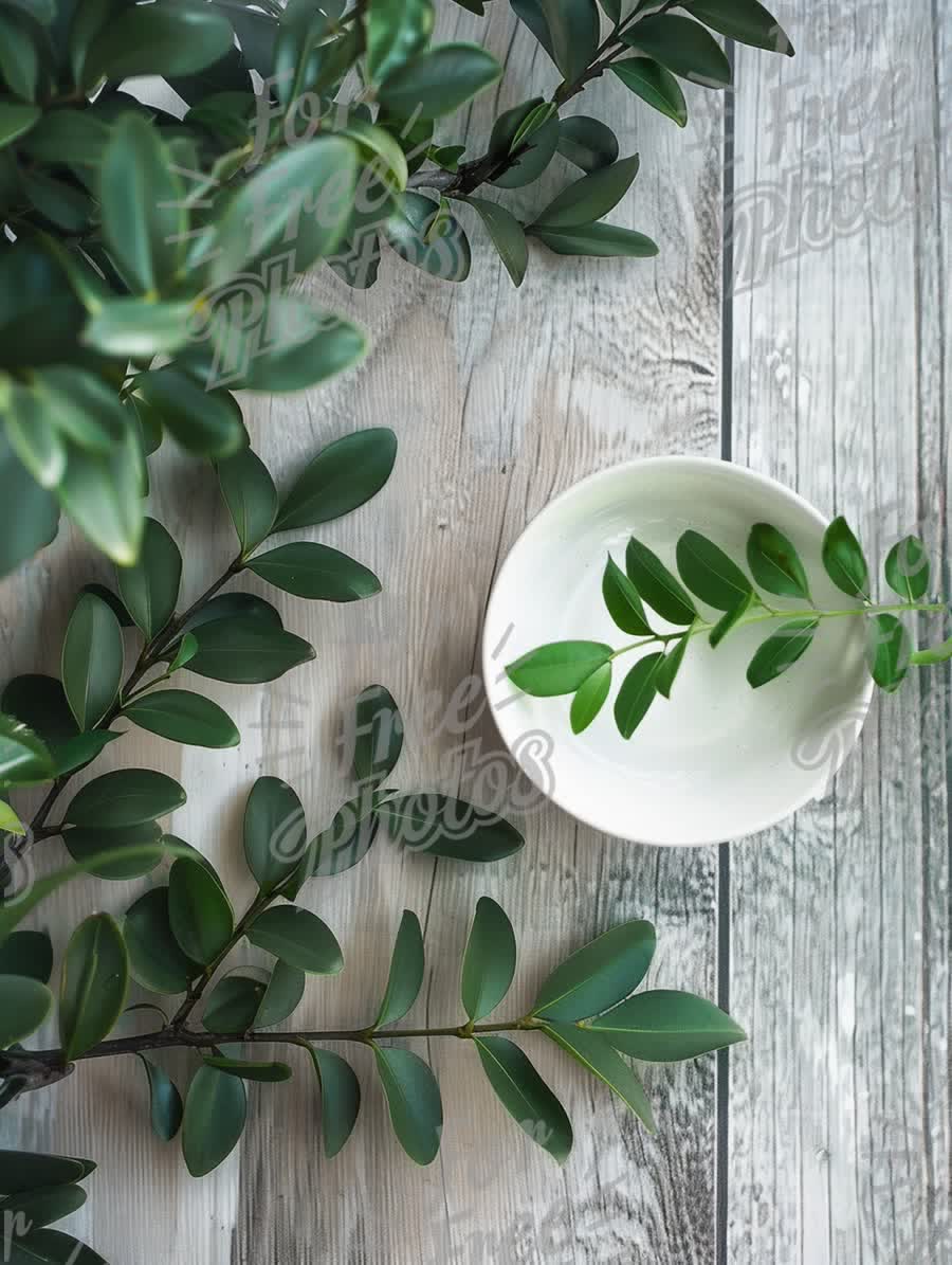 Minimalist Greenery: Fresh Leaves in a White Bowl on Rustic Wood Background