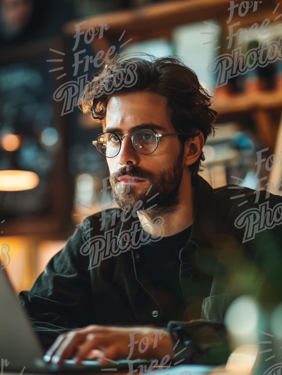 Focused Young Professional Working on Laptop in Cozy Cafe Setting