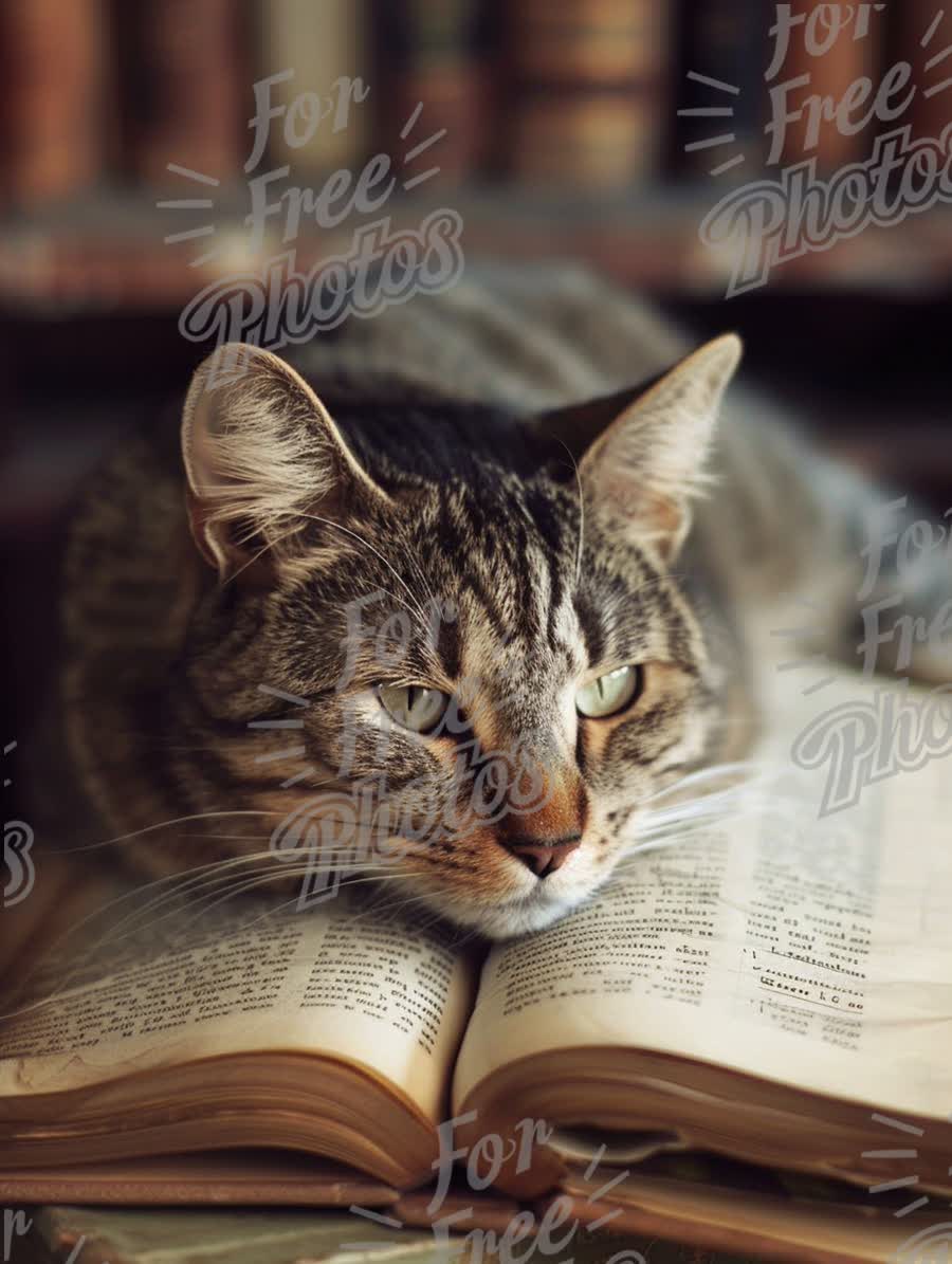 Cozy Cat Reading: Feline Relaxation on Open Book with Vintage Library Background