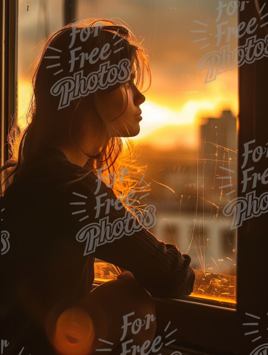 Contemplative Woman Silhouette at Sunset by Window