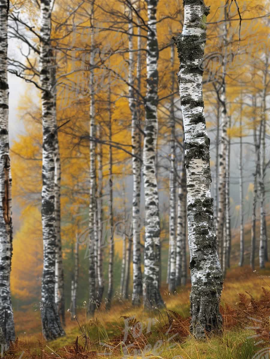 Autumn Birch Forest: Tranquil Nature Scene with Golden Foliage and Misty Background